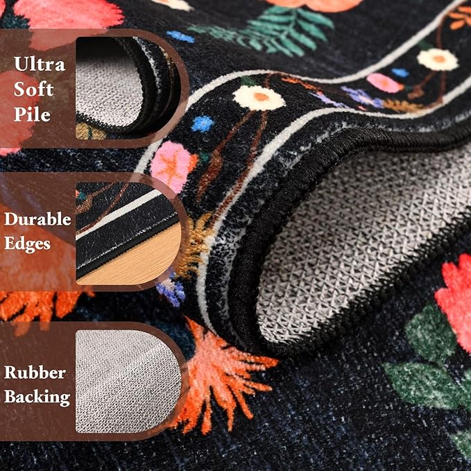 2x3 Small Floral Rug for Entryway, Flowers Printed Washable Rugs with Non Slip Backing for Girls Bedroom Kitchen, Cute Throw Carpet Front Door Entry Decor, Black