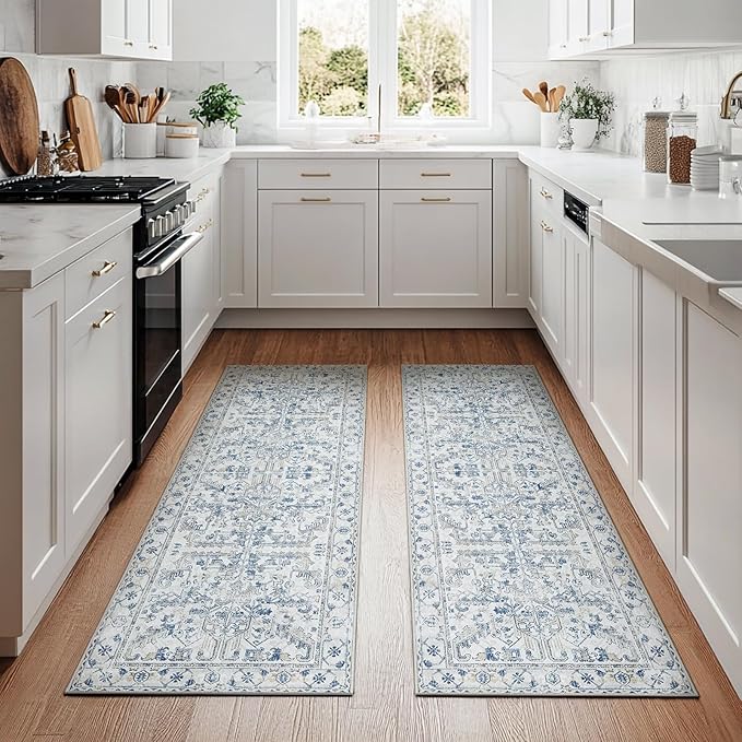 jinchan Kitchen Runner Rug 2x5-2pcs,Vintage Hallway Rug Washable Floral Non Slip with Rubber Backing Soft Carpet Runner for Bedroom Laundry Room Living Room Blue