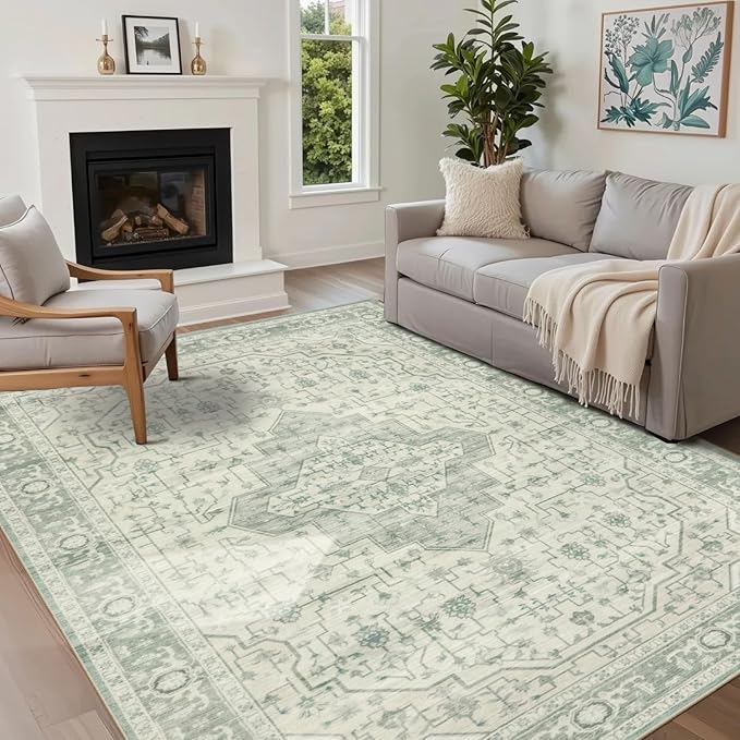 5X7 Washable Area Rug for Living Room, Vintage Large Boho Rugs for Office, Dining Room, Kids Room, Farmhouse, Durable Low Pile Non Slip Carpet for High Traffic Areas, Sage Green