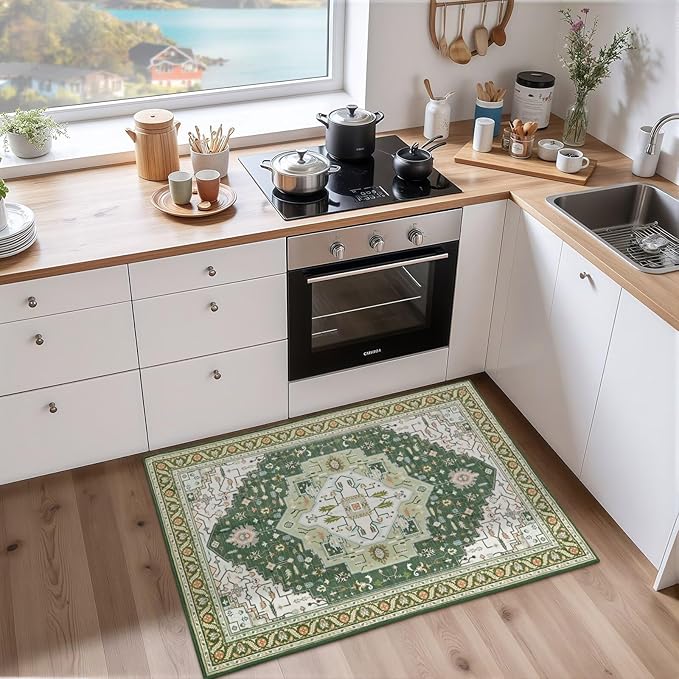 2x3 Green White Small Area Rug for Entryway, Soft Washable Rugs with Non-Slip Backing for Bedroom Kitchen, Vintage Throw Carpet Laundry Entry Front Door Decor