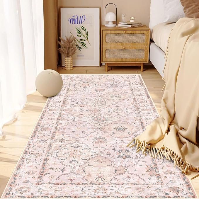 Boho Vintage Area Rugs 2×6 Washable Non-Slip Traditional Pink Runner Rug for Hallway Kitchen Entryway