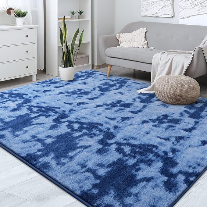 FlyDOIT Large Area Rugs for Living Room Bedroom, 5x8 Ft Tie-Dyed Navy Blue Ultra Soft Comfy Thickened Memory-Foam Indoor Carpets, Cozy Modern Floor Rug for Boys Girls Playroom Dorm Nursery Home Décor