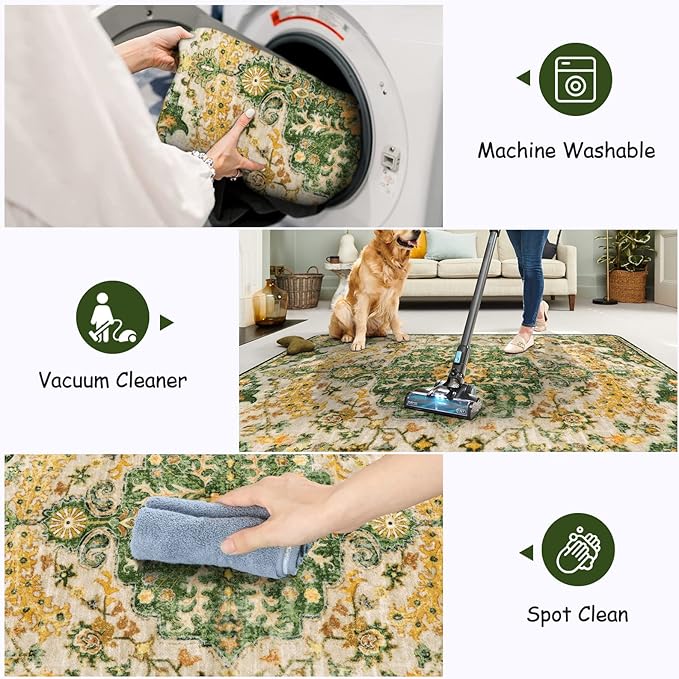 Lahome Bohemian 2x6 Washable Hallway Runner Rug, Kitchen Runner Rugs Non Skid Washable, Floral Medallion Soft Bathroom Carpet Runners for Laundry Room Bedroom Foyer Entryway, Yellow/Green/Multi