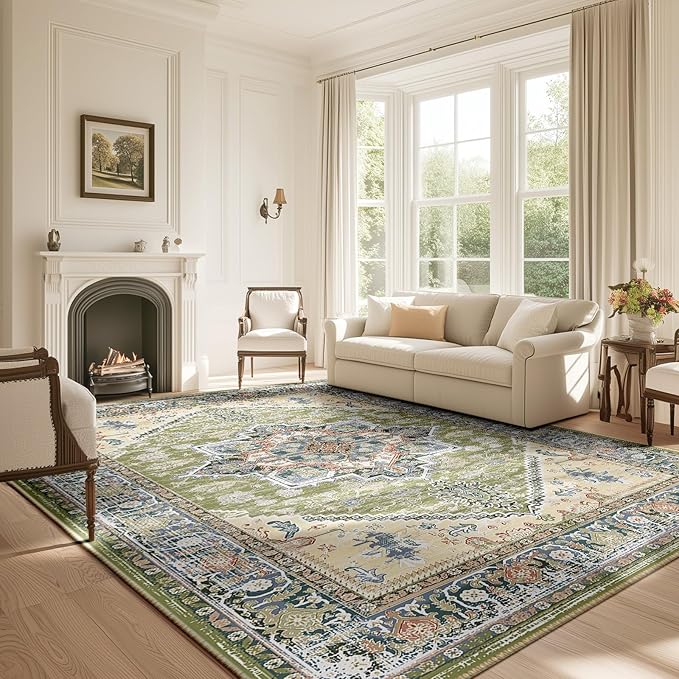 BESTSWEETIE 8x10 Area Rugs for Living Room Washable Non Slip Carpet Low Pile Soft Vintage Print Pattern Rug for Bedroom Dining Room Kitchen Entryway Indoor-Green/Light tan/Blue/Grey