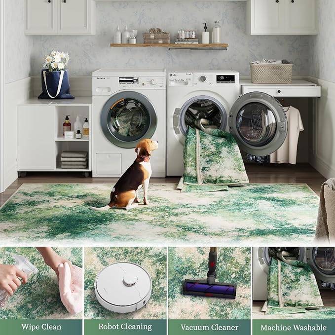 jinchan Spring Runner Rug 2x5 Modern Hallway Rug Abstract Washable Runner Indoor Watercolor Print Contemporary Non Slip Soft Carpet for Kitchen Bedroom Bathroom Laundry Room Living Room, Green Multi