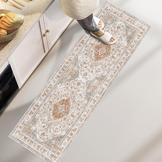 Vhong Boho Area Rugs Washable Vintage Modern Neutral Runner Carpet Brown and Grey 2×6 High Traffic Rug for Kitchen Hallway Living Room Non Slip