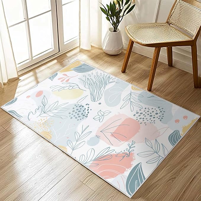 2x3 Entryway Rug Boho Minimalist Botanical Leaf Small Area Rug Thin Carpet Bathroom Non Slip Indoor Entrance Low Pile Door Mat Kitchen Stain Resistant Washable Machine