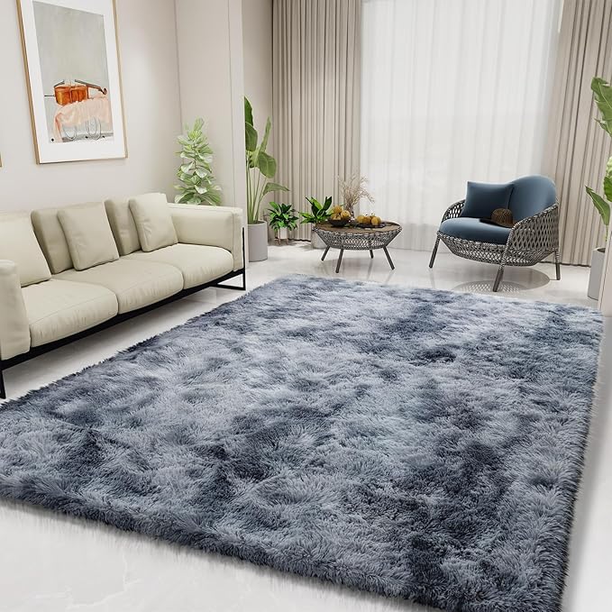 Ultra Soft Fluffy Area Rugs for Bedroom Living Room 10x14, Nursery Rug, Non-Slip Carpet for Kids Dorms Decor, Shaggy Bedside Rug, Tie-dye Black