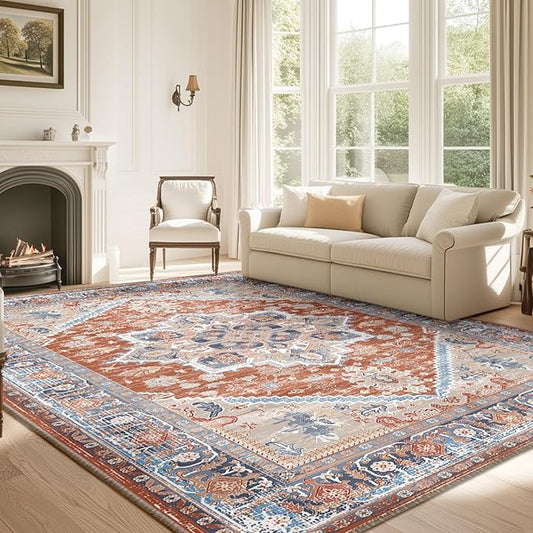 BESTSWEETIE 8x10 Area Rugs for Living Room Washable Non Slip Carpet Low Pile Soft Vintage Print Pattern Rug for Bedroom Dining Room Kitchen Entryway Indoor-Brick/Blue/Light Ivory