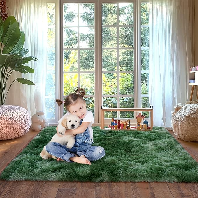 Tie-Dyed Fluffy Green Rug for Bedroom 8x10 ft Large - Ultra Soft & Non Slip Shaggy Area Rug, Comfy Durable Carpet for Living Room Kids Room Teens Dorm Home Decor, 1.7'' Thick Indoor Plush Carpets