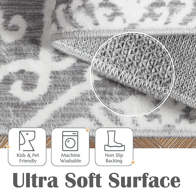 jinchan Boho Runner Rug 2x5 Moroccan Washable Rug Hallway Indoor Floor Accent Carpet Floral Tile Print Mat Soft Thin Runner Non Slip Carpet for Kitchen Bedroom Bathroom Laundry Room Decor Grey