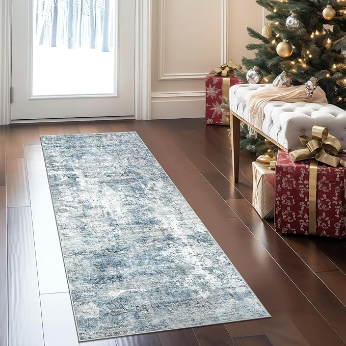 Runner Rug 2'x6' Abstract Washable Non-Slip Runner Rugs for Kitchen Bathroom Laundry Room Blue Vintage Floor Carpet Runners for Hallway Entryway