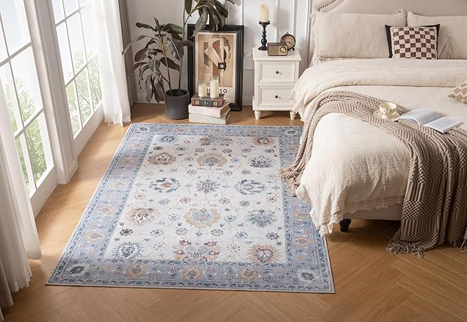 Slate Gray Washable Area Rug with Soft Faux Wool Fabric and Non-Slip Backing for Bathroom, Living Room, Bedroom, Printed Boho Floor Decor Stain-Resistant Foldable Mat (Gray, 5' x 7')