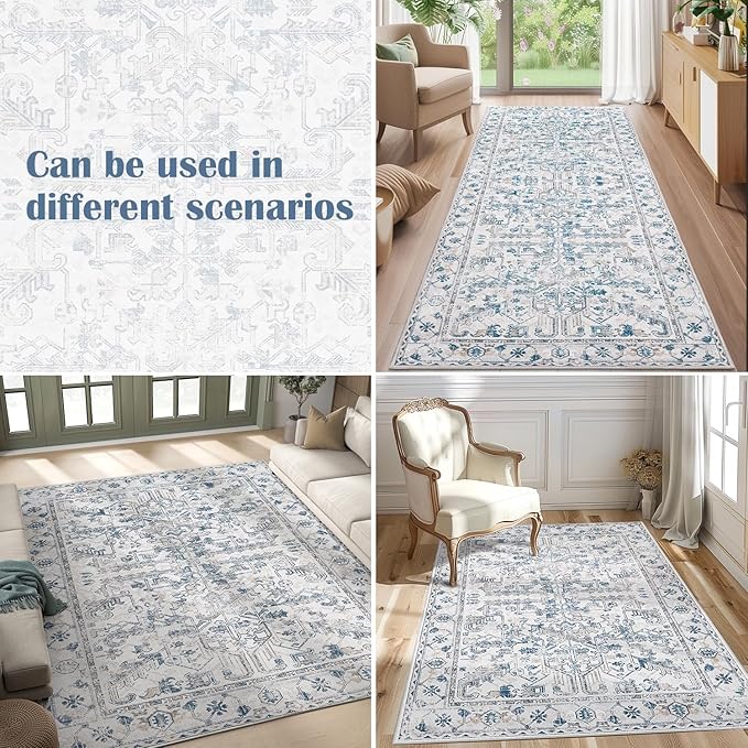 jinchan Hallway Runner Rug 2x10 - Kitchen Washable Rug Floral Runner Non Slip with Rubber Backing Ultra-Thin Vintage Carpet for Bedroom Laundry Room Living Room (2x10ft,Blue)