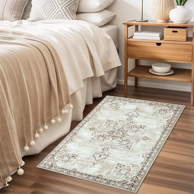2x3 Rug Entryway Rugs: Washable Boho Vintage Small Rug Indoor Medallion Soft Non Slip Ultra Thin Non-Shedding Front Door Mat for Kitchen Bedroom (Beige, 2' x 3')
