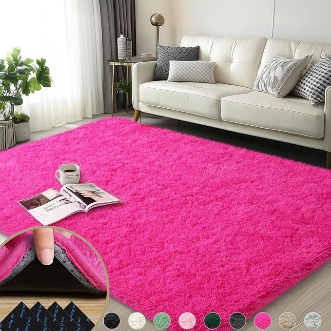 3x5 Rugs for Bedroom, Fluffy Area Rugs for Living Room, Soft Shag Kids Rug Small Carpet with 4 Non-Slip Rug Pads (Hot Pink, 3ft x 5ft)