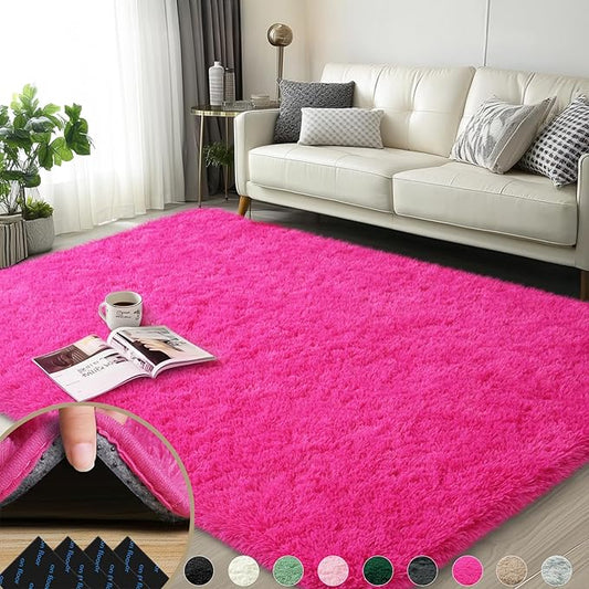 3x5 Rugs for Bedroom, Fluffy Area Rugs for Living Room, Soft Shag Kids Rug Small Carpet with 4 Non-Slip Rug Pads (Hot Pink, 3ft x 5ft)