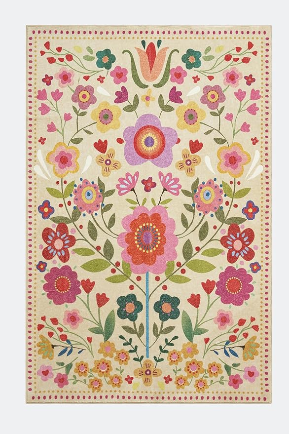 Washable Boho Floral Rugs Thin Pile, Cute Aesthetic Vintage Hippie Bedroom Rugs Colorful Rose Pink Bright Trendy Indie Dorm Carpet, Country Flowers 5x7 Area Rug for Dining Living Room Entryway Kitchen