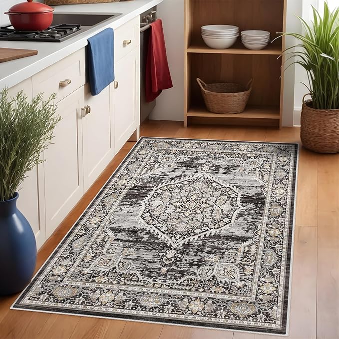 YOUFORTONG Area Rug 3x5 Washable Rugs: Soft Ultra Thin Low Pile Mat Machine Washable Indoor Doormat Lightweight Entry Rug Anti Slip Backing Rugs for Living Room Bedroom Kitchen 3'x5' Black