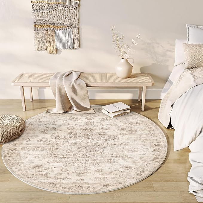3x3 Washable Neutral Round Rug Beige Entryway Kitchen Non-Slip Low Pile Floral Area Rug Vintage Soft Thin Carpet for Entrance Bathroom Indoor Door Mat Dorm Dining Room