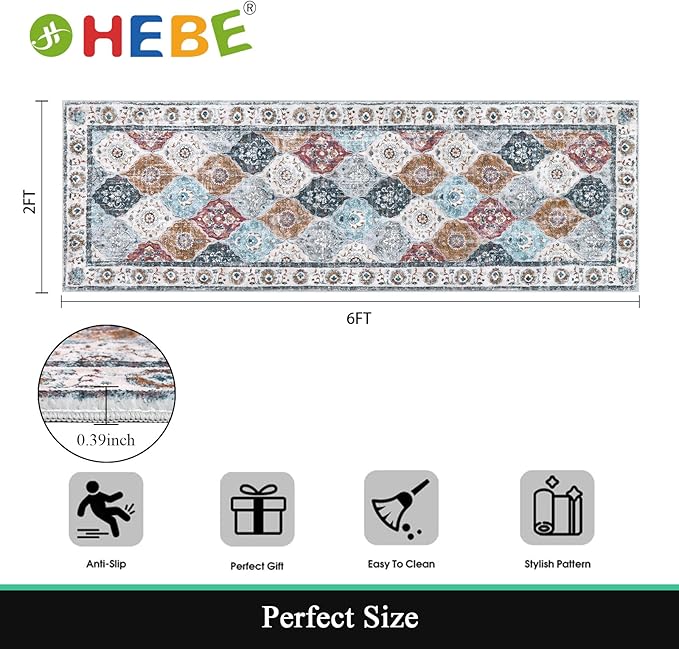 HEBE Hallway Runner Rug 2'x6' Washable Vintage Distressed Area Rugs Non Slip Laundry Rug Runner Boho Floor Carpet Runners for Hallways Entryway Laundry Room Kitchen Bathroom