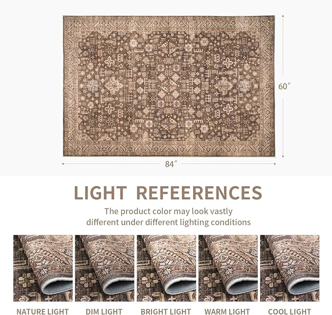 Vintage Washable Area Rug for Living Room,Low Pile 8x10 Non Slip Carpet Non-Shedding Area Rug Soft Indoor Stain Resistant Rug Floral Print Mat for Bedroom Dining Room Brown