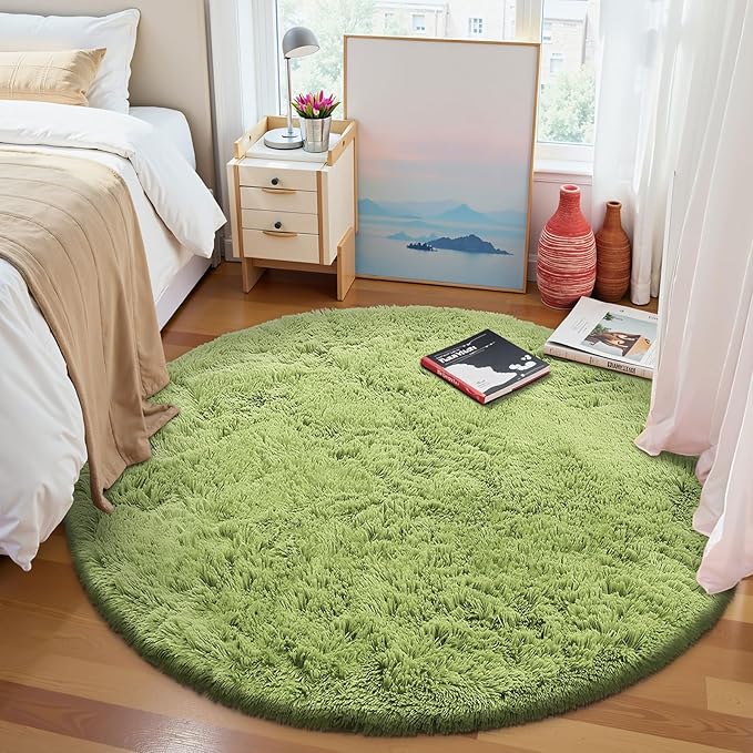 OLANLY Grass Green Round Rugs for Bedroom - Machine Washable, 7x7 Feet Circle Area Rugs for Living Room, Soft Fluffy Shaggy Carpet for Teen Girls and Boys, Dorms, Nursery Rooms, Home Decor Aesthetic