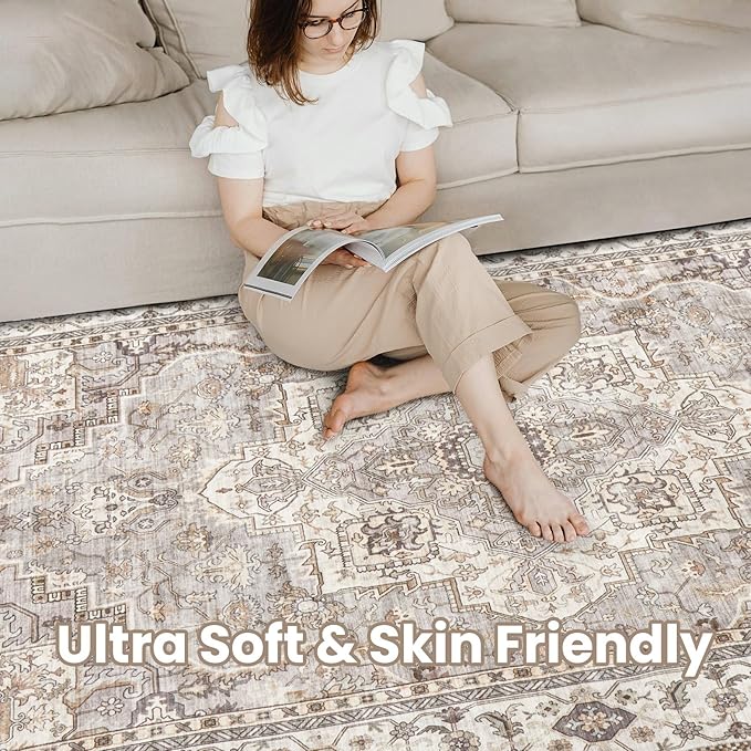 Washable Area Rugs for Living Room - 10x14 Neutral Vintage Distressed Floral Farmhouse Boho Large Soft Floor Rug Indoor Non Slip Carpet for Bedroom Dining Room Office - Grey