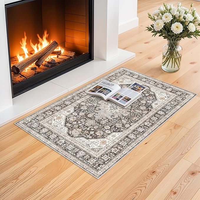 Washable Area Rug 2x3 - Entryway Living Room Large Indoor Rugs Soft Oriental Vintage Bedroom Rugs Non-Slip Backing Stain Resistant for Farmhouse Kitchen-2x3 Grey