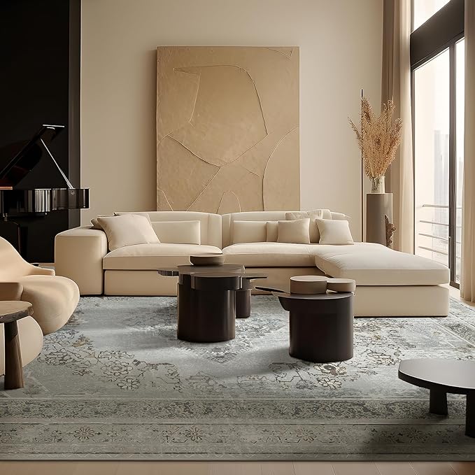 Phantoscope Vintage Collection Area Rug - 9'x12' Large Living Room Accent Rug - Washable, Non-Slip for Bedroom & Dining Room, Low-Pile Distressed Floor Carpet, Grey/Dull Teal
