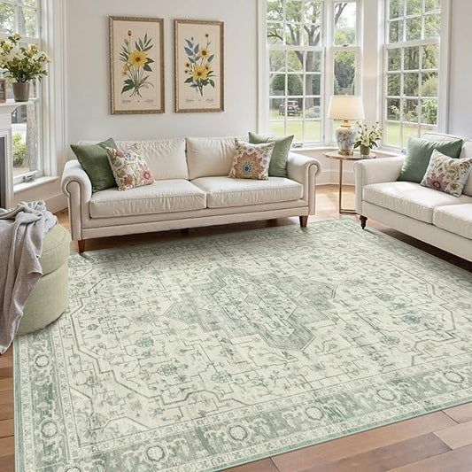 5X7 Washable Area Rug for Living Room, Vintage Large Boho Rugs for Office, Dining Room, Kids Room, Farmhouse, Durable Low Pile Non Slip Carpet for High Traffic Areas, Sage Green