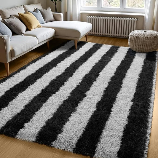Zentavio Area Rugs for Living Room Large Rugs for Bedroom 5x8 Carpet Fluffy Fuzzy Soft Shag Aesthetic Plush High Pile Gray Throw Rug for Nursery Kids Room Dorm Horizontal Stripes Black Grey