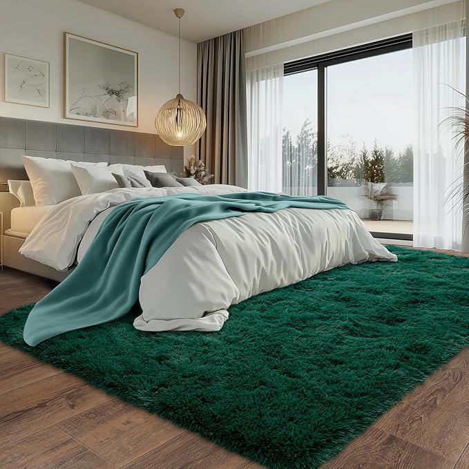 Green Fluffy Rug for Bedroom 8x10 ft Large - Ultra Soft & Non Slip Shaggy Area Rug, Comfy Durable Carpet for Living Room Kids Room Teens Dorm Home Decor, 1.7'' Thick Indoor Plush Carpets