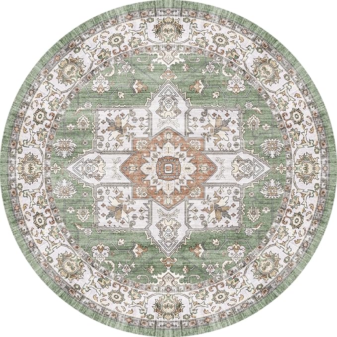RUUGME Washable 4round Area Rugs - Boho Rugs for Living Room Stain Resistant Carpet Vintage Tribal Rugs for Bedroom Kitchen Bathroom with Non Slip Backing Home Decor Floor Decoration Mat 4ft Sage