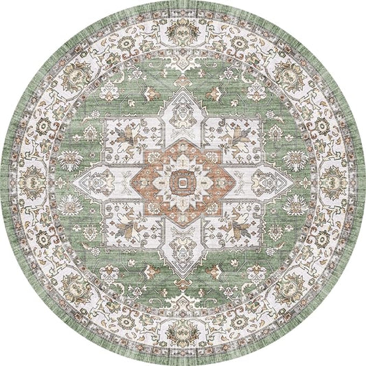 RUUGME Washable 4round Area Rugs - Boho Rugs for Living Room Stain Resistant Carpet Vintage Tribal Rugs for Bedroom Kitchen Bathroom with Non Slip Backing Home Decor Floor Decoration Mat 4ft Sage