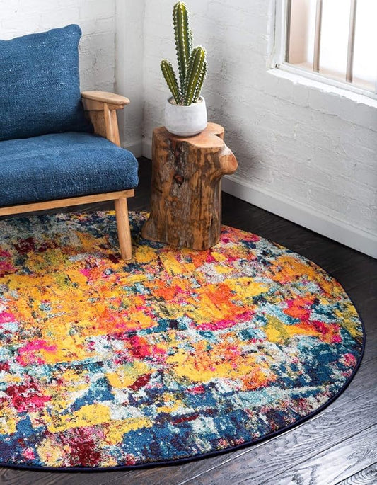 Unique Loom Estrella Collection Dark Colors, Modern, Abstract, Distressed Area Rug, 8 ft x 8 ft, Multi/Navy Blue