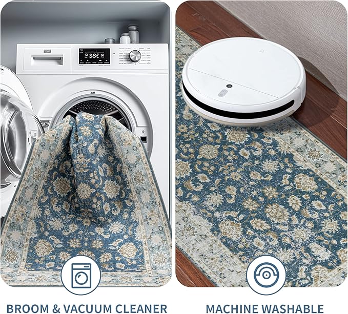 ILANGO Non Slip Runner Rugs for Hallway, 3'x5' Distressed Boho Kitchen Runner Rugs Washable Easy to Clean, Carpet Floor Mat for Indoor Entryway Bedroom Laundry Room(Sapphire)