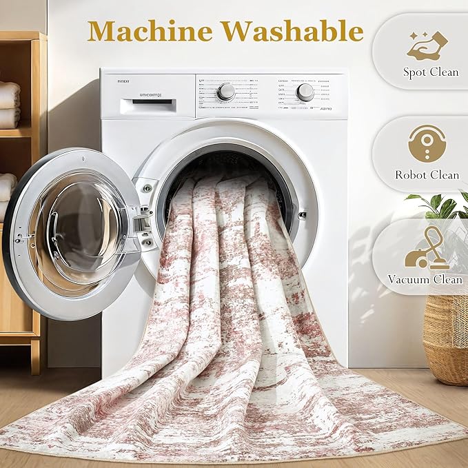 Area Rugs for Living Room: 5x7 Abstract Washable Rug Modern Neutral Large Soft Stain Resistant Non-Slip Backing Machine Table for Bedroom Dining Room Indoor Home Office Carpet - Pink