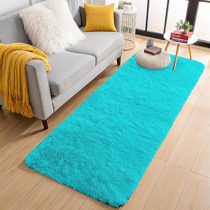 OLANLY 2x5 Machine Washable Runner Rugs for Hallway, Soft Fluffy Shaggy Bedside Rugs for Bedroom, Living Room, Indoor Floor Carpet for Kids Girls Boys, Nursery Rooms, Home Decor Aesthetic, Teal Blue