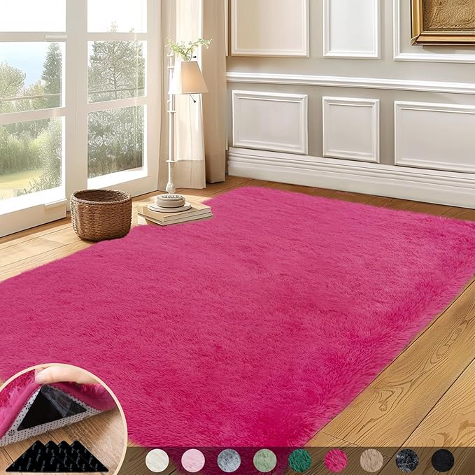 5x7 Rugs for Living Room, Large Fluffy Area Rugs for Bedroom, Soft Carpet Shag Kids Rug with 4 Non-Slip Rug Pads (Hot Pink, 5ft x 7ft)