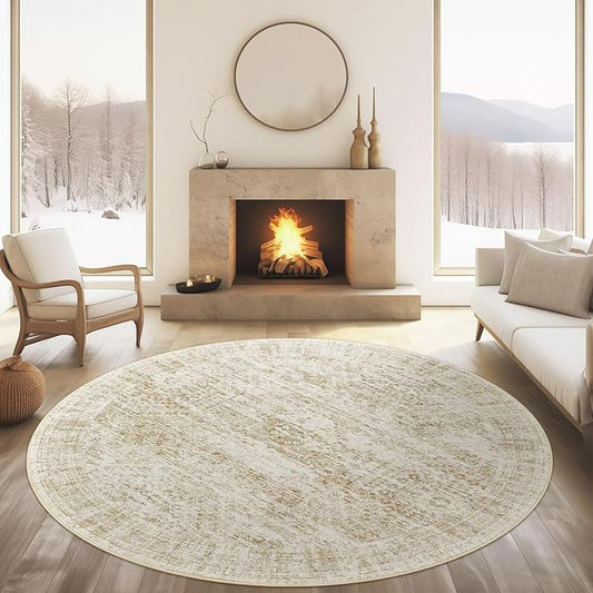 5x5 Beige Round Rug 5ft Living Room Rug Vintage Round Area Rug Non Slip Indoor Carpet for Entryway Dining Room Bedroom