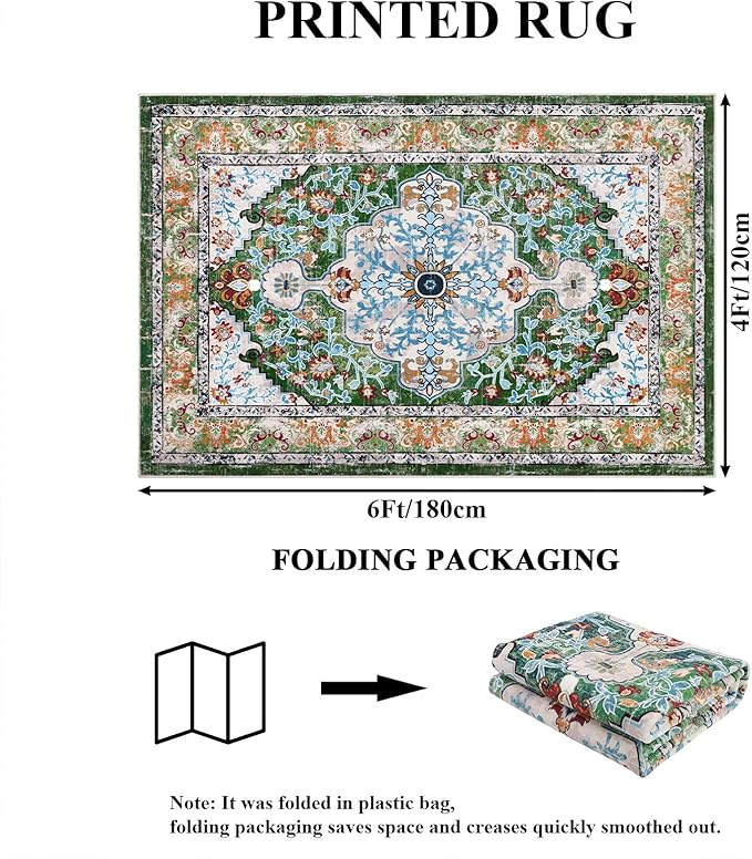 U'Artlines Boho Vintage Area Rug 4x6 Machine Washable Low Pile Soft Floor Carpet Non Slip Non Shedding Accent Rug for Living Room Bedroom Entryway Dining Room Office Green
