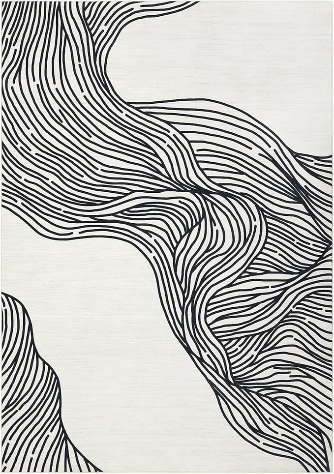Washable Rug 5x7 Modern Abstract Area Rugs for Living Room Non Slip Backing Indoor Carpet Soft Faux Wool Bedroom Rug Low Pile Non-Shedding Rug for Dining Room Nursery Office Cream