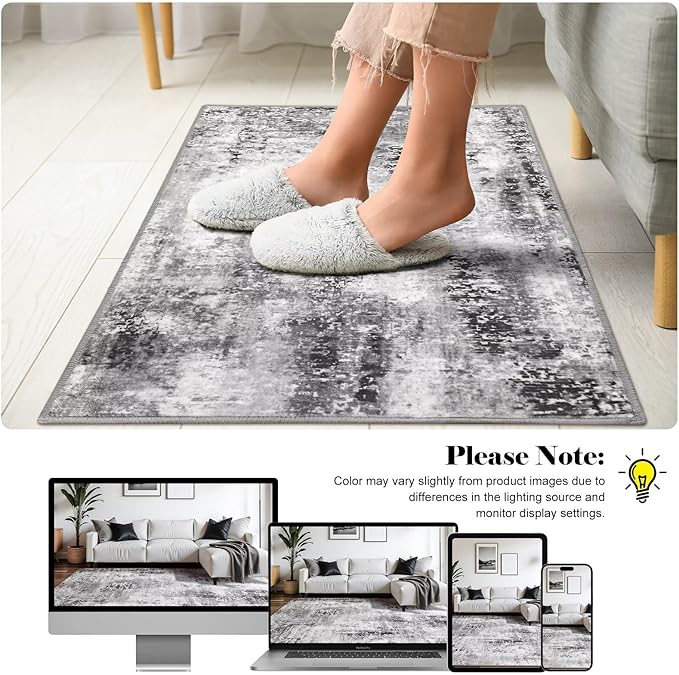 Washable Abstract Rug, 2x3 Small Modern Area Rugs with Non-Slip Rubber Backed for Kitchen, Thin but Soft Throw Carpet Bedroom Entryway Front Door Decor, Dark Grey