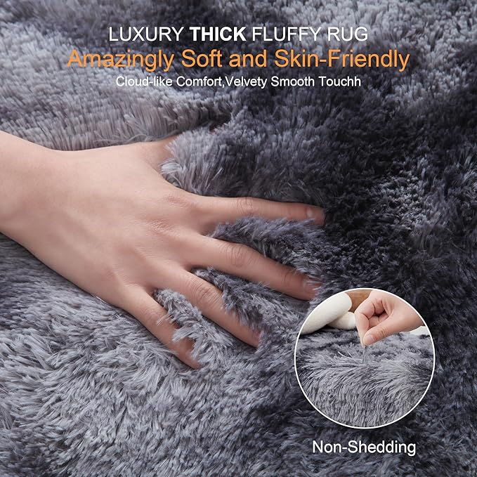 Thick Area Rug Dark Grey 5x8 Fluffy Shag for Bedroom Living Room Soft Plush Washable Thickened Non-Slip Fuzzy Carpet for Kids Baby Nursery Cozy Shaggy Floor Rugs for Dorm, Tie-Dye Gray