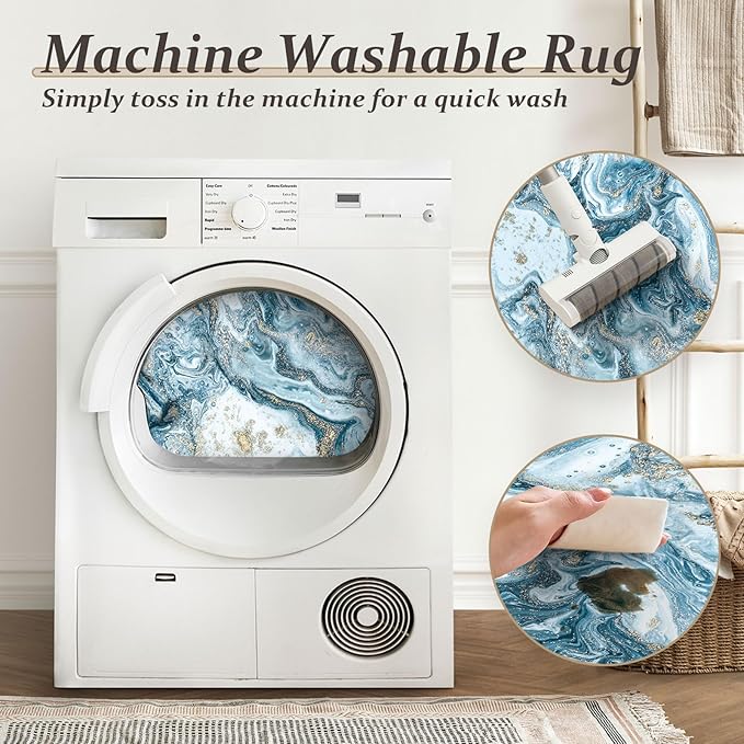 Washable Area Rug 4x6 - Artistic Style Modern Rug for Living Room Bedroom Dining Room, Soft Low Pile Machine Washable Carpet, Non Slip Non Shedding Area Rug - Blue/Gold, 4'x6'