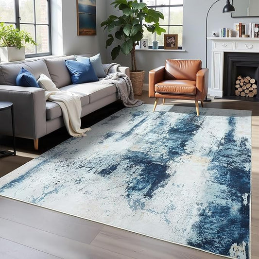 Washable Abstract Rug, 5x7 Modern Area Rugs with Non-Slip Rubber Backed for Living Room, Thin but Soft Contemporary Carpet Kitchen Bedroom Dining Room Decor, Blue White