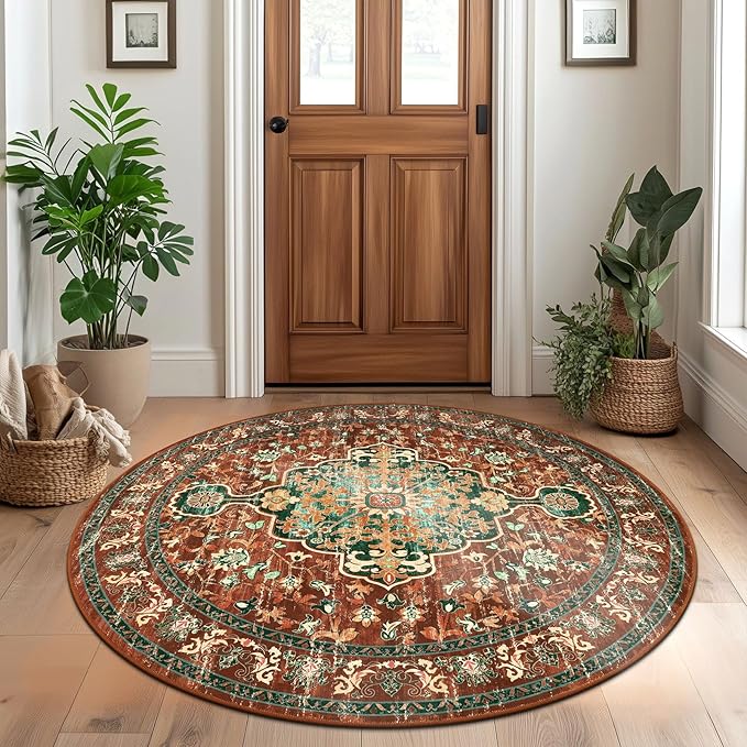 U'Artlines Boho Vintage Area Rug 4ft Machine Washable Low Pile Soft Floor Carpet Non Slip Non Shedding Accent Rug for Living Room Bedroom Entryway Dining Room Office Rust＆Teal