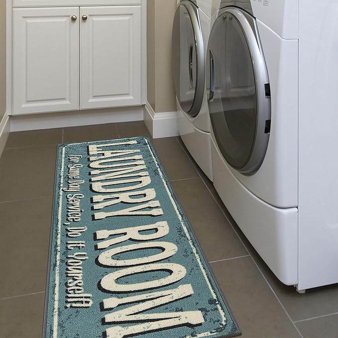 Machine Washable Text Design Rug Non-Slip Rubberback 2x5 Laundry Room Runner Rug for Bathroom, Washroom, 20" x 59", Baby Blue