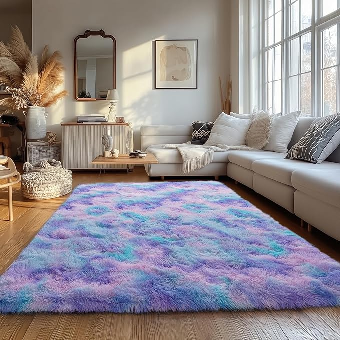 Purple Rainbow Fluffy Rug for Bedroom 8x10 ft Large - Ultra Soft & Non Slip Shaggy Area Rug, Comfy Durable Carpet for Living Room Kids Room Teens Dorm Home Decor, 1.7'' Thick Indoor Plush Carpets